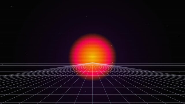 Retro 80s digital sun setting over a futuristic wireframe grid landscape animation