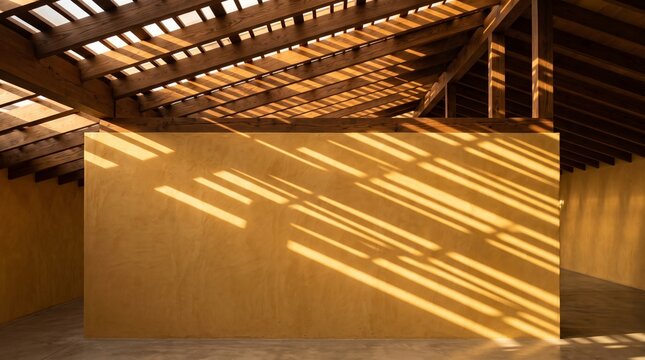 Sunlight streaming through rustic barn roof interior with warm golden beams
