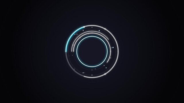 Animated blue and white HUD circle loader with rotating neon rings on black background.