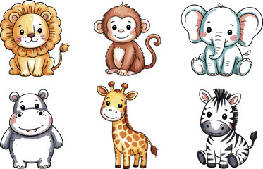 Obraz premium Cute Cartoon Safari Animals Vector Collection with Lion Monkey Elephant Hippo Giraffe and Zebra Illustrations for Kids Nursery Decor and Baby Birthday Invitations