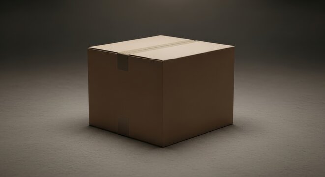 A solitary brown cardboard cube sealed with tape rests upon a subtly textured surface evoking notions of shipping storage and the unseen contents within representing delivery and potential.
