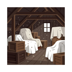 Dusty attic interior with furniture covered in white sheets. © Nurul