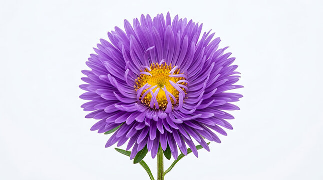 Close-up of a vibrant purple everlasting flower with detailed petals and green stem isolated on a white background