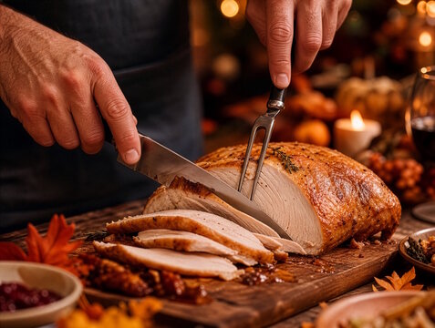 Man carving roasted turkey breast with knife and fork on wooden board at festive Thanksgiving dinner table with autumn decor