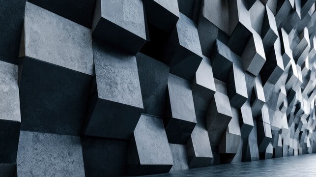 Modern geometric wall design with three-dimensional cubical structures in grayscale tones