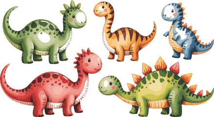 Cute Dinosaur Cartoon Character Vector Element Set with Brachiosaurus Stegosaurus Tyrannosaurus Rex and Triceratops Watercolor Clipart Illustrations © EdGe Creative