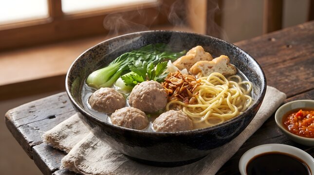 Authentic Indonesian bakso meatball soup served in a dark bowl with yellow noodles, pakchoi, tofu, and fried shallots on a wooden table.