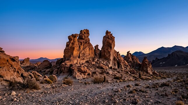 Golden hour light on towering rock formations in a desert landscape