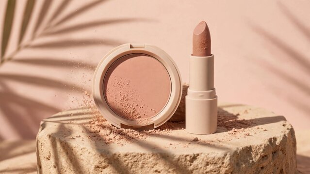 Elegant Makeup Products Displayed on Textured Surface with Palm Leaf Shadows.