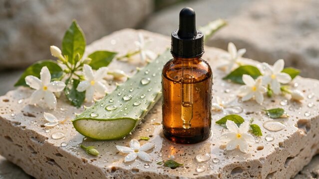 Natural Aloe Vera Oil Serum with White Flowers and Water Droplets.