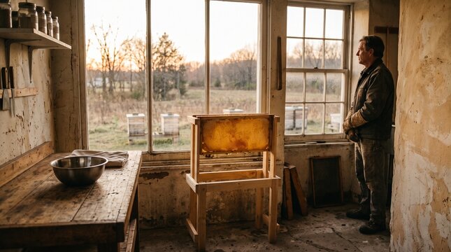 Beekeeper gathers composure beside honeycomb in workroom