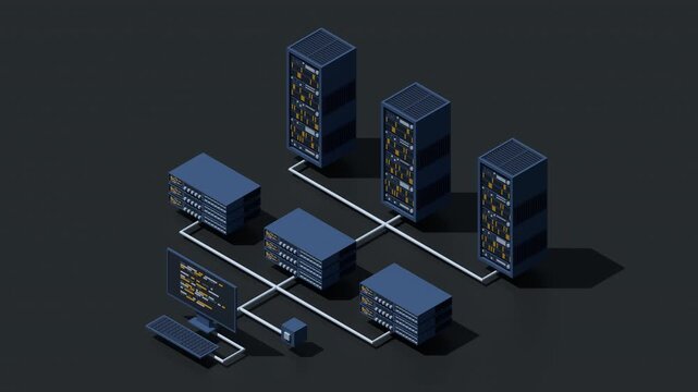 3D isometric monitoring big data storage animation. Data transmission technology. Online hosting technology concept. Isometric technology. 4K video animated in isometric style