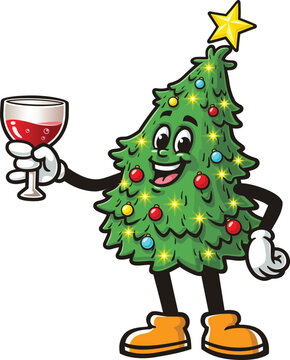Christmas tree cartoon mascot holding a glass of wine