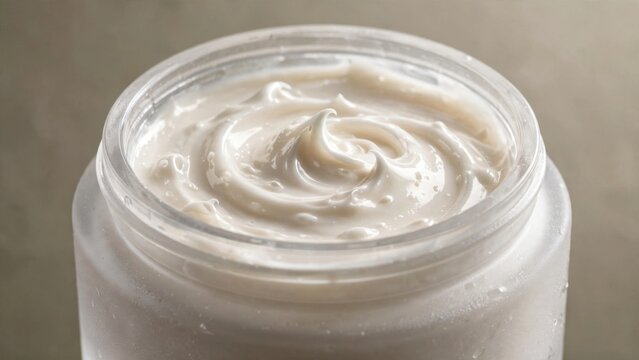 Close-up of a Swirled Jar of White Cream Texture.