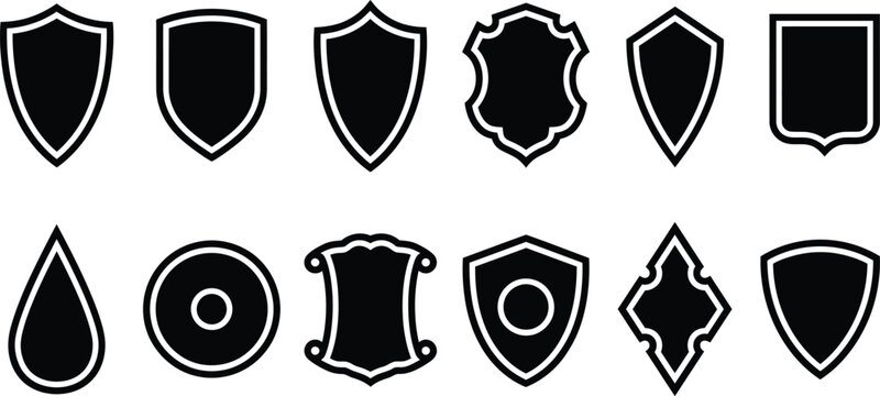 A collection of various black shield shapes and heraldic emblems presented as a professional vector illustration set for graphic design projects