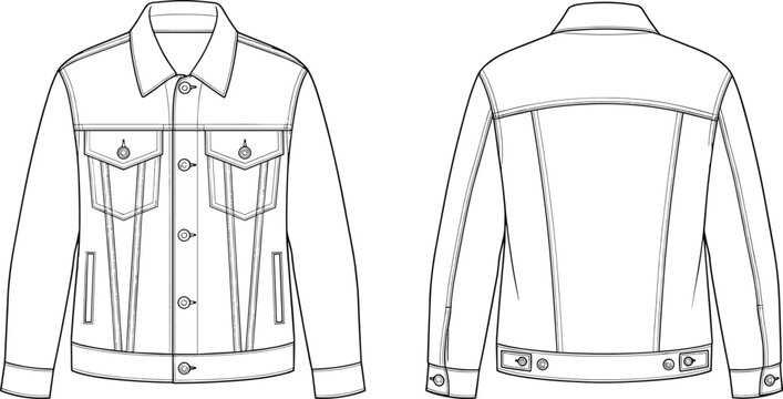 Technical fashion of a classic denim jacket with side pockets on a white background view