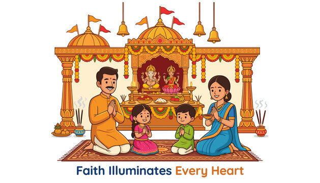 Indian family performing puja at home temple with lord ganesha and goddess lakshmi