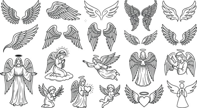 Angel Wings Collection with Guardian Angels, Cherubs, Heavenly Wing Icons and Christian Line Art Vector SetAngel Wings 