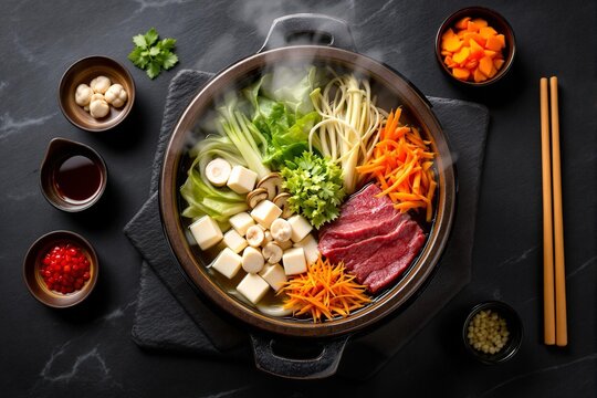 Top-down overhead view of traditional Japanese nabe hot pot simmering in earthenware donabe with wagyu beef, tofu, and vegetables