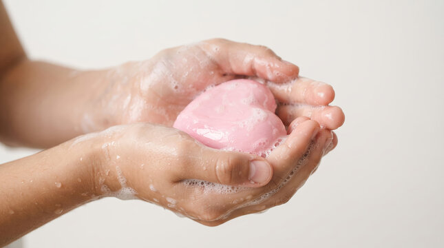 Hands Holding Pink Heart Shaped Soap Bar with Foam Bubbles