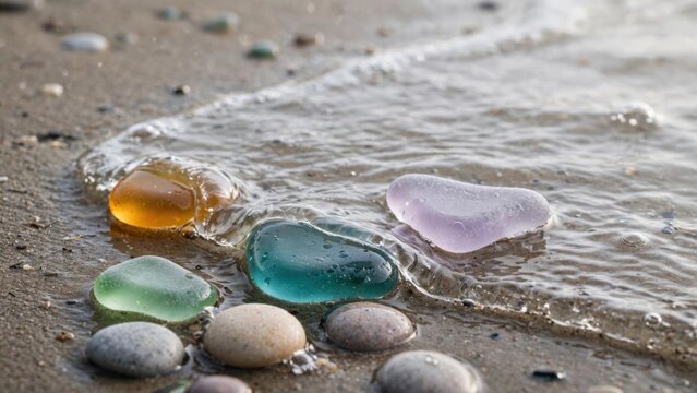 Colorful Sea Glass and Smooth Stones on a Sandy Beach Shoreline.