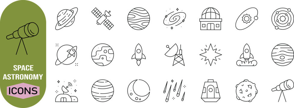 Space exploration outline vector icons. rocket icon set, planet icon set, satellite icon set
