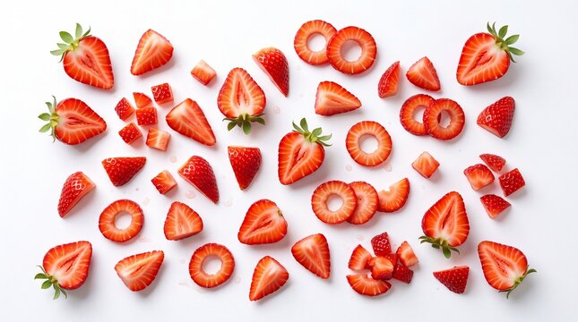 Fresh red strawberry slices and pieces scattered