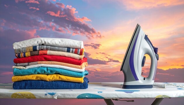 Ironing board with colorful clothing stack