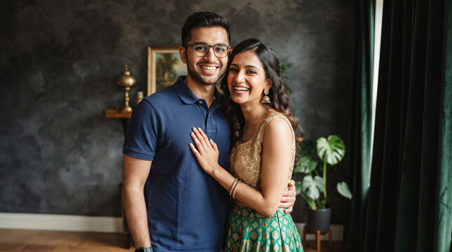 Happy Indian Couple Embracing in Traditional and Casual Outfit Indoors