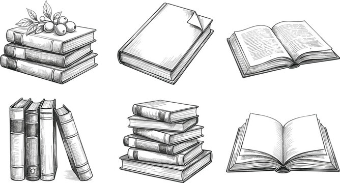 Vintage Books Vector Illustration Set with Open Book Stacked Books Library Textbooks and Folded Page Symbols in Engraved Hand Drawn Sketch Style