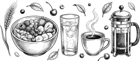Vintage Healthy Breakfast Vector Icon Set with Berry Granola Muesli Bowl Iced Water Coffee Cup French Press and Wheat Ear Sketch Elements © EdGe Creative