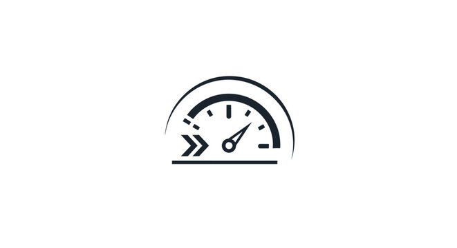 A minimalist black icon representing a speed gauge on a white background