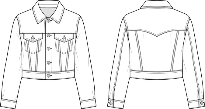 Technical fashion of a cropped denim jacket with buttons on a white background, flat view
