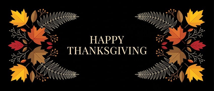 Happy thanksgiving greeting card with autumn leaves and foliage on black background