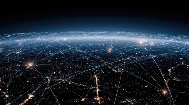 Bright Night Cityscape with Connected Digital Web Over City Lights