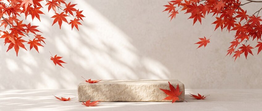 Empty stone podium for product display with red maple leaves in autumn