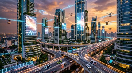 Obraz premium Futuristic smart city skyline with flying drones and digital network connections, advanced transportation system on highway bridges, high tech urban architecture and logistics c...