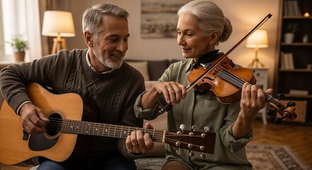 Fototapeta premium Senior couple playing music together with guitar and violin in cozy living room setting, enjoying joyful moments while creating melodies at home.