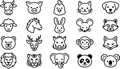 Set of hand drawn animal head icons featuring various farm wild and zoo animals in a simple doodle style © Tayeb