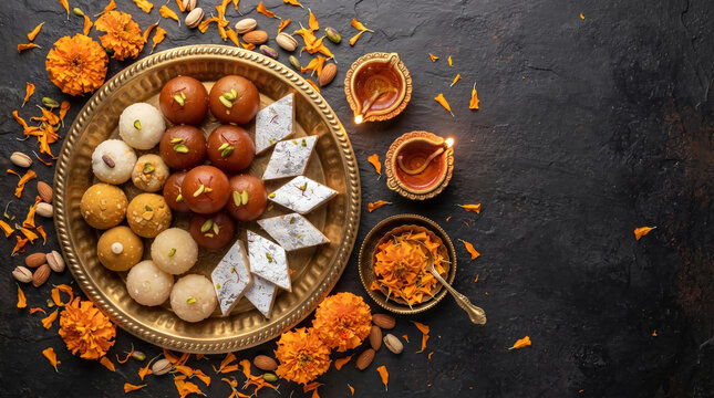 Indian Diwali Sweets Platter with Gulab Jamun Nuts and Marigolds