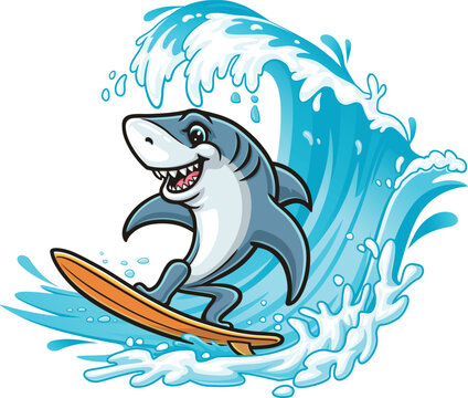 Cartoon mascot illustration of a surfing shark