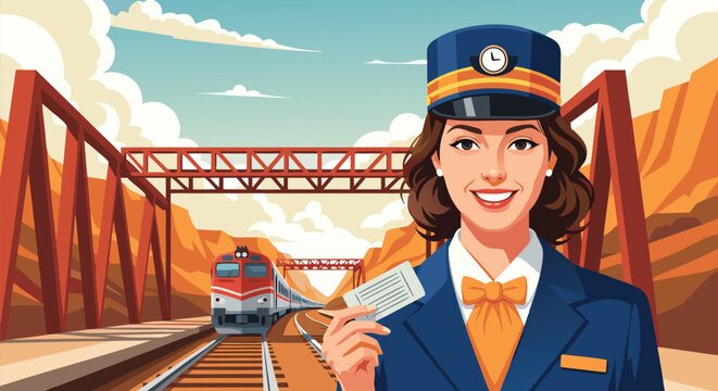 Female Train Conductor Holding Ticket in Front of Railway Bridge Vector Illustration