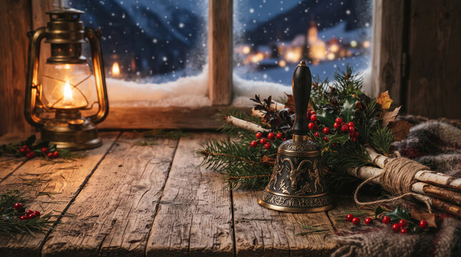Krampus Bell with Lantern Holly Berries on Rustic Wooden Windowsill