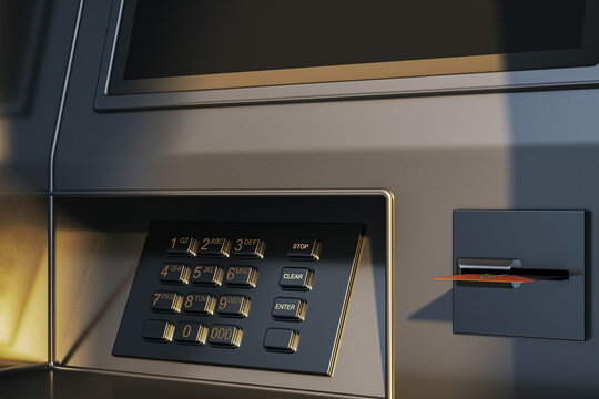 Secure access keypad and card reader on a dark metallic wall with warm light, modern security technology and payment interface concept. 3D Rendering