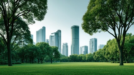 Obraz premium Modern city skyline with tall skyscrapers and lush green park in daylight