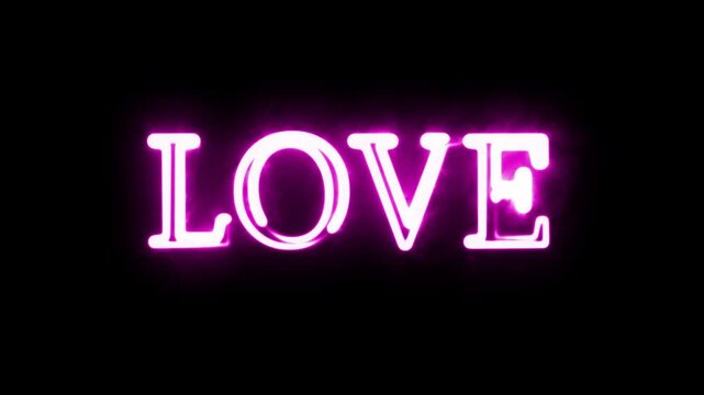 Neon glowing text love with pink flickering effect in continuous motion for romantic valentines day celebration and wedding events animation isolated on black background for digital graphic design dis