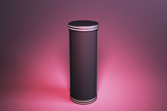 Sleek black smart speaker standing upright against a glowing pink and purple gradient background with clean copy space for branding design. 3D Rendering