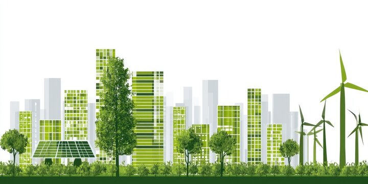 Eco-friendly cityscape with green buildings solar panels and renewable energy sources