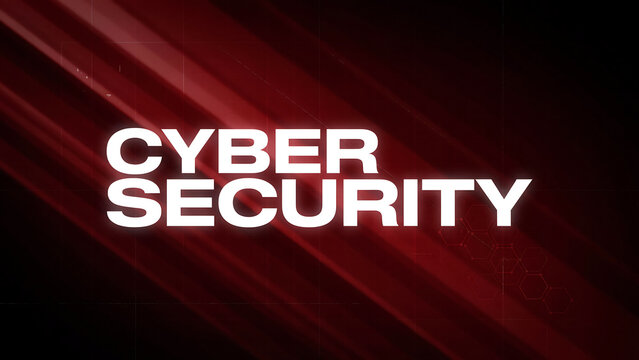 Cyber security digital concept typography featuring radiant white text against dark red abstract background with background glowing diagonal