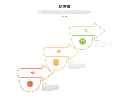 Growth infographic template with 3 point rounded pacman shaped arrow ascending staircase for slide presentation